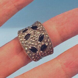 Suspicion Sterling Silver Marcasite & Black Spinnel Ring